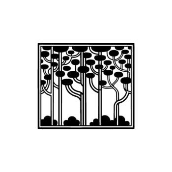 Abstract silhouette of stylized trees with circular canopies and simple cloud shapes at the base enclosed in a clean border vector