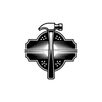 A striking retro style featuring a classic claw hammer centered within an ornate shield emblem with horizontal line details and decorative dots vector
