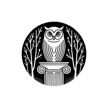 A stylized illustration of a wise owl perched majestically atop an ancient Ionic column surrounded by bare branches within a circular frame vector