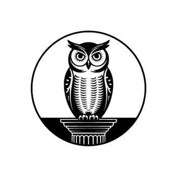 A bold illustration of a stylized owl perched atop an ionic column within a perfect circle symbolizing wisdom knowledge and ancient wisdom vector