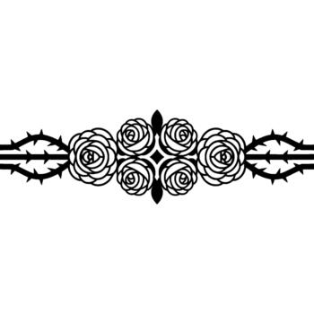Stylized illustration of a symmetrical horizontal border featuring five abstract rose blooms interspersed with sharp thorn branches vector