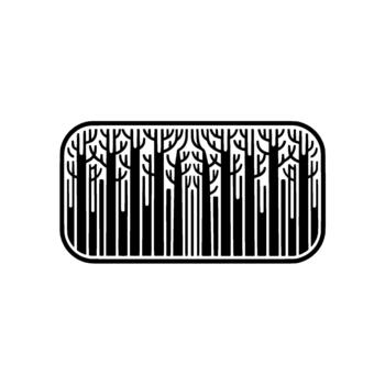 Abstract minimalist barcode featuring a stylized row of bare trees with intricate branch patterns inside a rounded rectangle frame vector