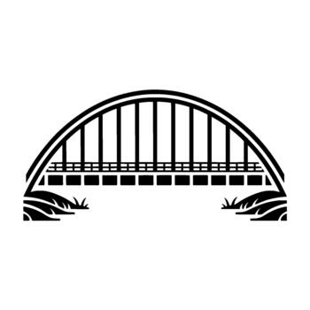 A minimalist of a symmetrical arch bridge with decorative grass tufts at its foundations vector