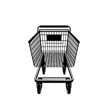 A stark silhouette of a modern metal wire shopping cart with four wheels and a handle viewed from the front vector