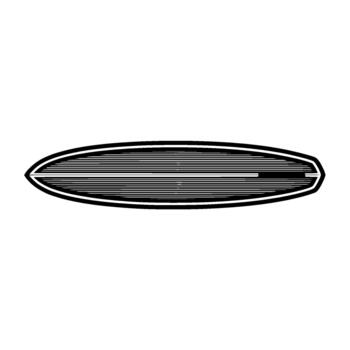 A minimalist illustration of a sleek surfboard with subtle horizontal line detailing and a distinct outline vector