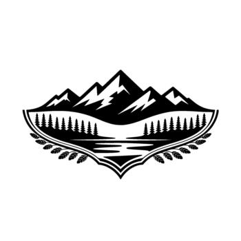 Emblematic silhouette of jagged snowcapped mountains reflected in a serene river surrounded by a dense forest of pine trees framed by ornate laurel leaves vector