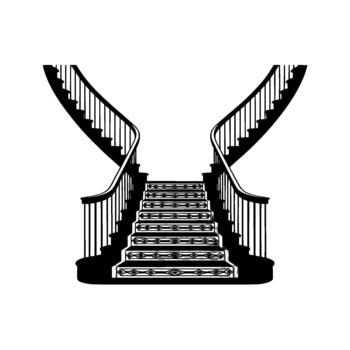 un rígido ilustración de un grandioso bifurcando escalera con estampado alfombra corredores y curva pasamanos vector