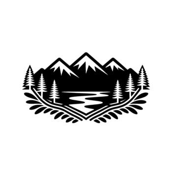 estilizado ilustración representando un sereno montaña rango con nevado picos hojas perennes arboles y un devanado río todas adjunto dentro un decorativo frontera de estilizado hojas y ramas vector