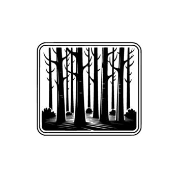A stylized illustration depicting a dense forest scene with tall bare trees and stylized bushes creating a monochromatic landscape within a rounded rectangular frame vector
