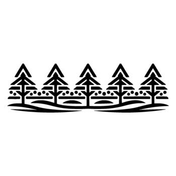 A repeating stylized pattern of five minimalist coniferous trees with decorative branches and subtle ground waves vector