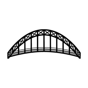 A stark silhouette of a modern arch bridge structure with intricate lattice detailing isolated vector