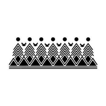 A minimalist illustration of a continuous border pattern featuring stylized birds flying above geometric mountain shapes and circular elements vector