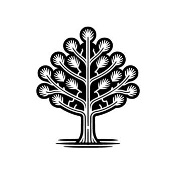 Abstract stylized illustration of a simplified stylized tree silhouette with intricate branching patterns and symmetrical leaf clusters isolated vector