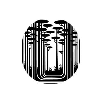 estilizado silueta de un resumen bosque escena con múltiple alto Delgado arboles y redondeado marquesinas dentro un negrita circular marco con curvo primer plano elementos vector