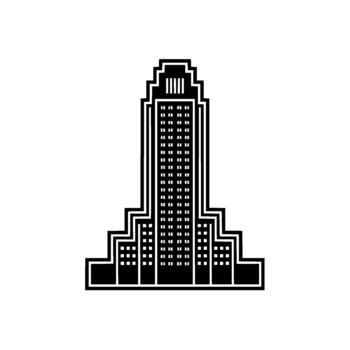 A stylized art deco skyscraper silhouette with tiered setbacks and numerous windows in a monochromatic isolated vector