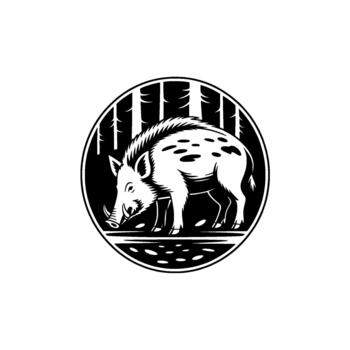 Stylized monochrome illustration of a wild boar with tusks and spots foraging amidst a forest of pine trees within a circular emblem vector