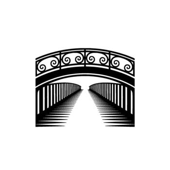 Elegant silhouette of a curved pedestrian bridge with ornate scrolled railings and a perspective view of its railing pattern vector