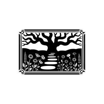 estilizado silueta de un majestuoso antiguo árbol con desmadejado ramas en pie terminado un Roca ruta mediante un campo de floreciente flores silvestres dentro un florido decorativo frontera vector