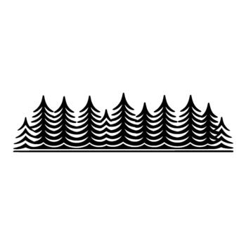 A continuous silhouette line art of a dense forest of stylized evergreen fir trees with layered branches vector
