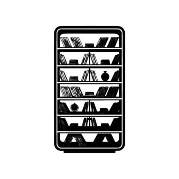 A minimalist flat illustration of a tall outline bookshelf filled with rows of gray books and a few decorative items vector