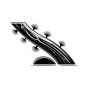 Stylized illustration of a curved wooden branch with intricate grain patterns and spiky botanical elements emerging from a semi circular base vector