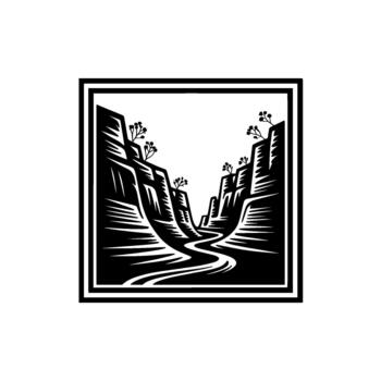 Stylized linocut illustration of a winding river flowing through a deep canyon under a large full moon and sparse vegetation vector
