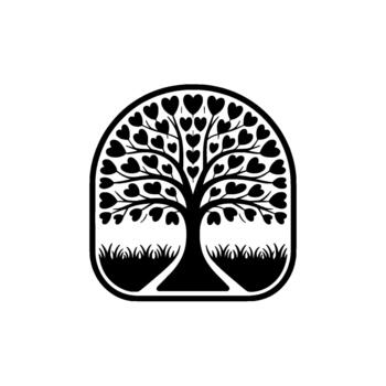 silhouette of a stylized heart tree with detailed branches and numerous heartshaped leaves within an arched rounded rectangular frame showcasing stylized grass at the base vector