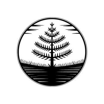 Minimalist illustration of a stylized evergreen tree silhouette within a circular frame depicting a horizon with grass and water vector
