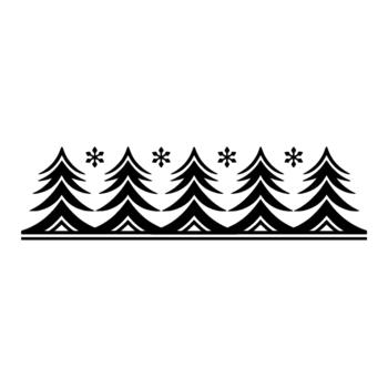 Stylized line art border featuring a repeating pattern of coniferous evergreen trees interspersed with simple asteriskshaped snowflakes vector