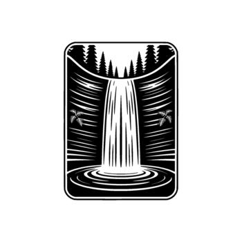 A striking illustration featuring a majestic waterfall cascading into a circular pool surrounded by stylized pine trees and delicate fern fronds within a rounded rectangle border vector