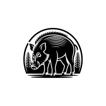 A striking emblem featuring a wild boar with bristly fur and tusks sniffing the ground amidst stylized pine trees within a bold circular frame vector