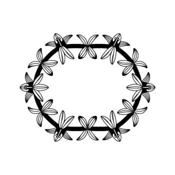 Minimalist oval frame created from stylized linear illustrations of starshaped flowers with delicate orange pistils and outlines vector