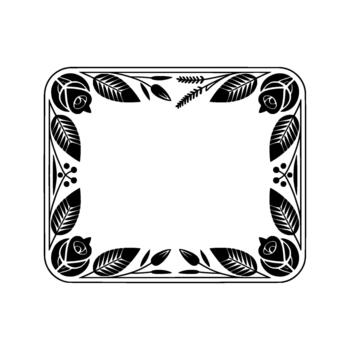 A decorative silhouette of a rectangular frame with rounded corners featuring stylized roses leaves and berry clusters in a vintage art nouveau isolated vector