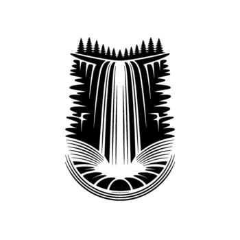 Stylized illustration of a majestic waterfall cascading down a cliff face surrounded by pine trees and a stylized pool at its base vector