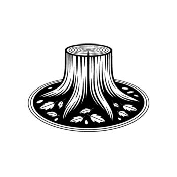 Minimalist illustration of a stylized tree stump with radiating bark texture and a circular base adorned with stylized oak leaves and ellipses vector