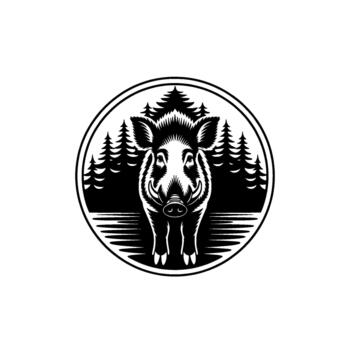 Striking circular emblem featuring a detailed wild boar in the foreground with stylized evergreen trees and water ripples in the background vector