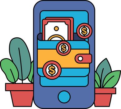 A cell phone with a wallet on it and a bunch of coins vector