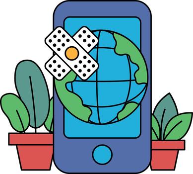 A cell phone with a bandage on it and a globe on top of it vector
