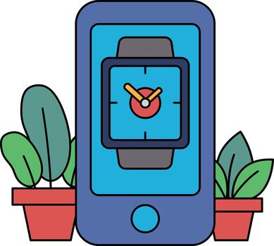 A blue cell phone with a watch on it is sitting on a table next to two potted pl vector