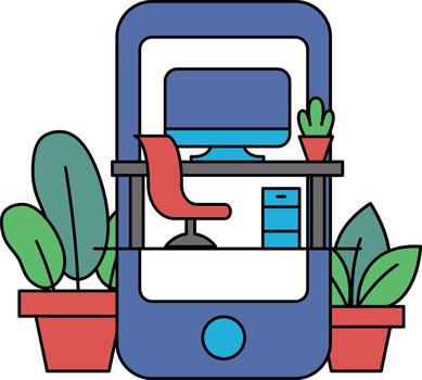 A phone with a computer monitor and a chair in front of it vector