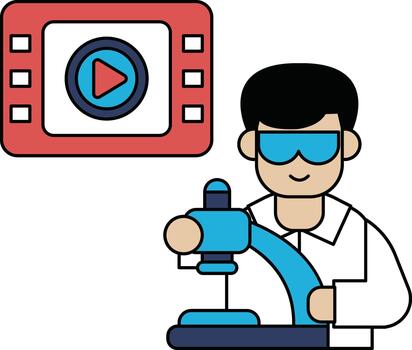 A man in a lab coat is wearing goggles and holding a remote control vector