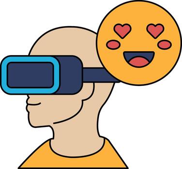un hombre vistiendo un virtual realidad auriculares con un sonriente cara y un corazón vector