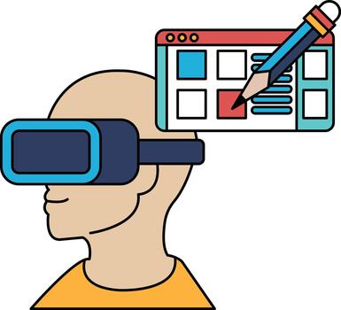 A man wearing a virtual reality headset is drawing on a computer screen vector