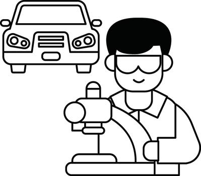 A man is working on a car, with a car in the background vector