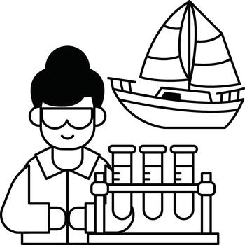 A man in a lab coat is holding a beaker and a boat is in the background vector