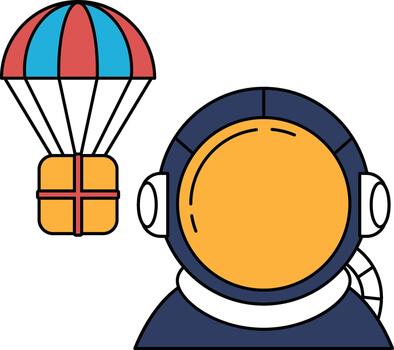 A black and white drawing of a man in a spacesuit with a box next to him vector