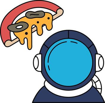 A slice of pizza is on a plate next to a man in a spacesuit vector