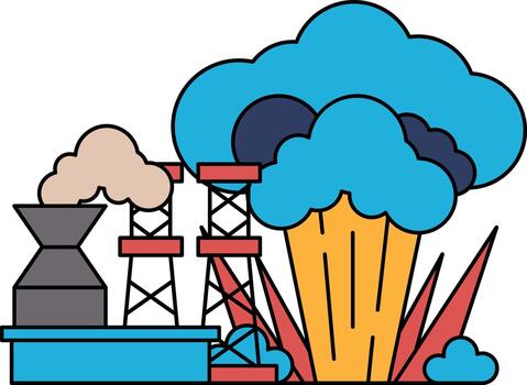 un negro y blanco dibujo de un fábrica con un nube de fumar en el antecedentes vector