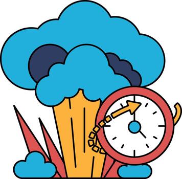 The clock is surrounded by a cloud of smoke and a large explosion vector