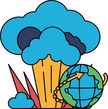 A black and white drawing of a cloud with a white arrow pointing to a globe vector